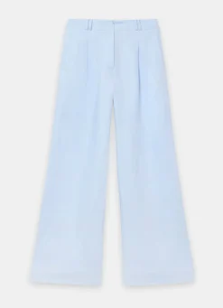 Blue Linen Blend Wide Leg Trousers