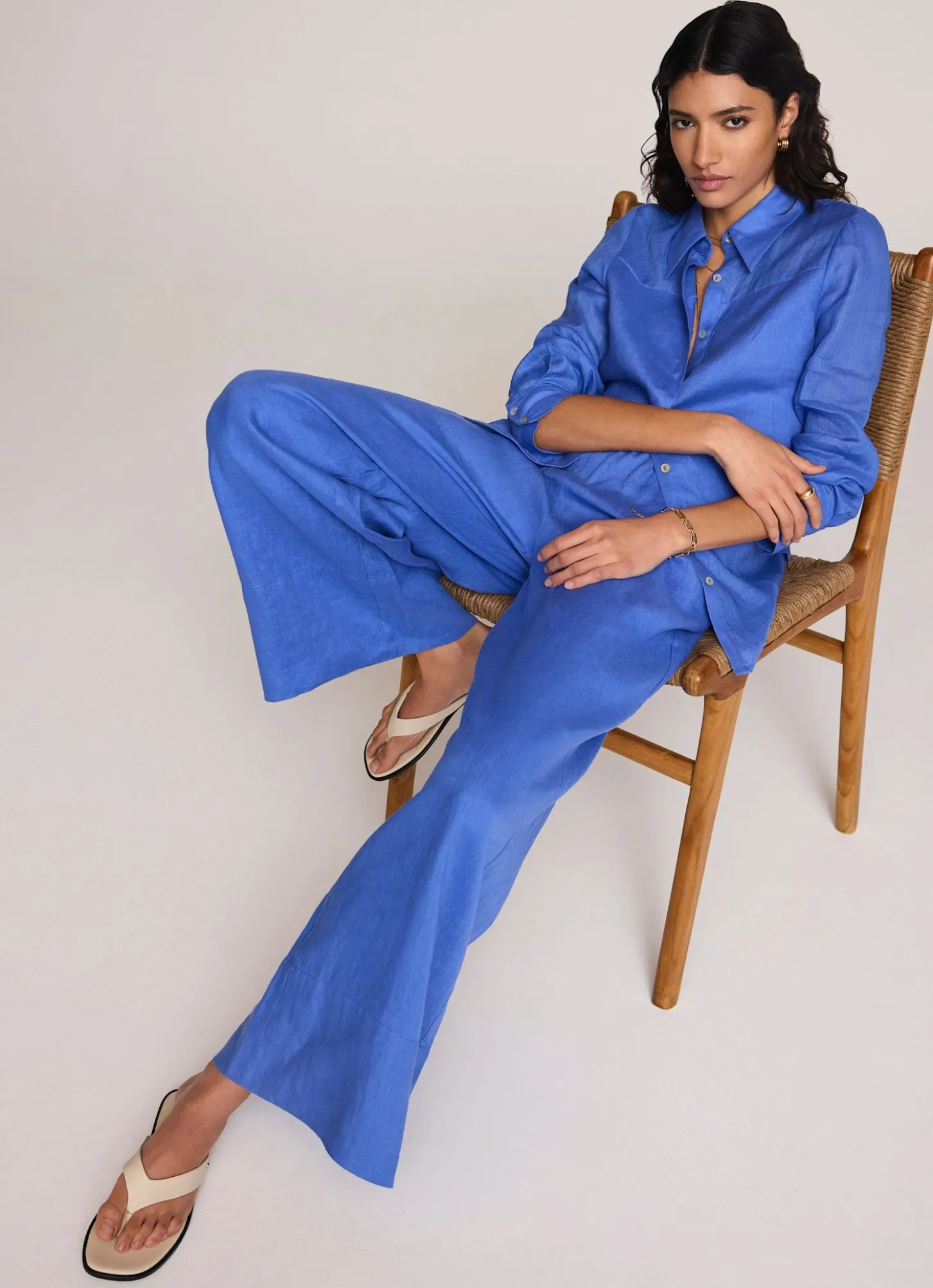 Blue Linen Drawstring Wide Leg Trousers