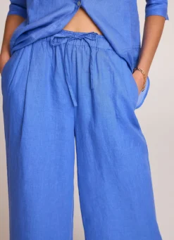 Blue Linen Drawstring Wide Leg Trousers