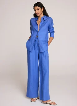 Blue Linen Drawstring Wide Leg Trousers