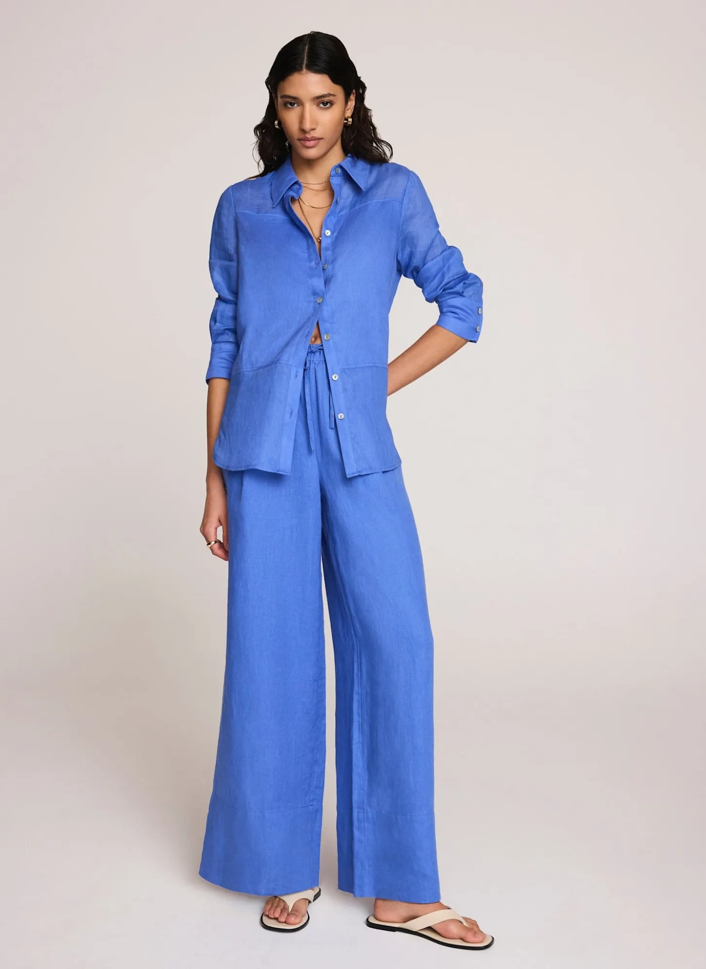 Blue Linen Drawstring Wide Leg Trousers
