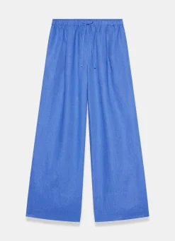 Blue Linen Drawstring Wide Leg Trousers
