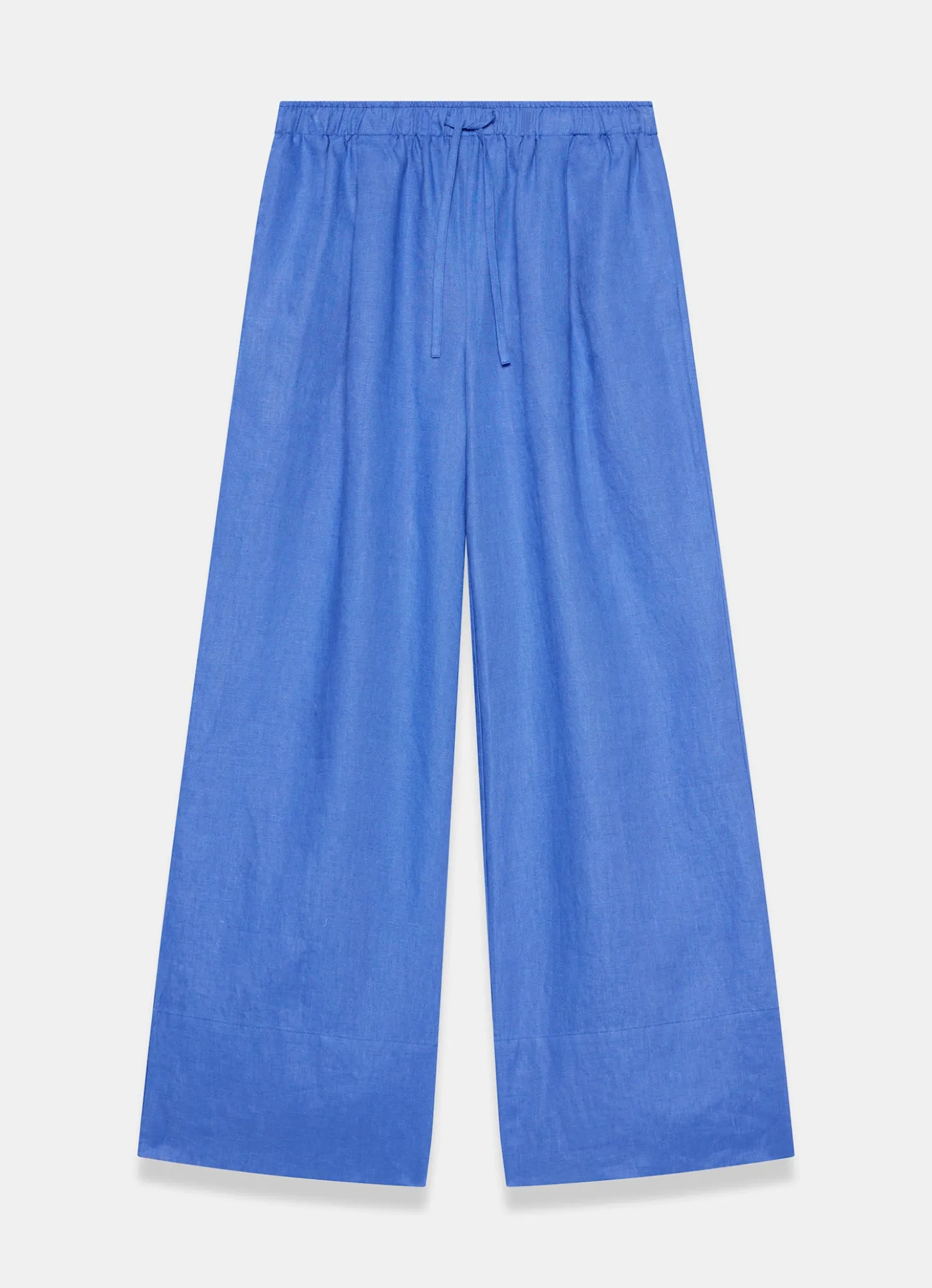 Blue Linen Drawstring Wide Leg Trousers