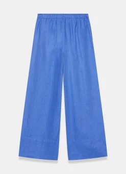 Blue Linen Drawstring Wide Leg Trousers