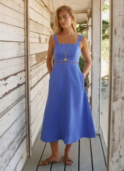 Blue Linen Scallop Trim Midi Dress