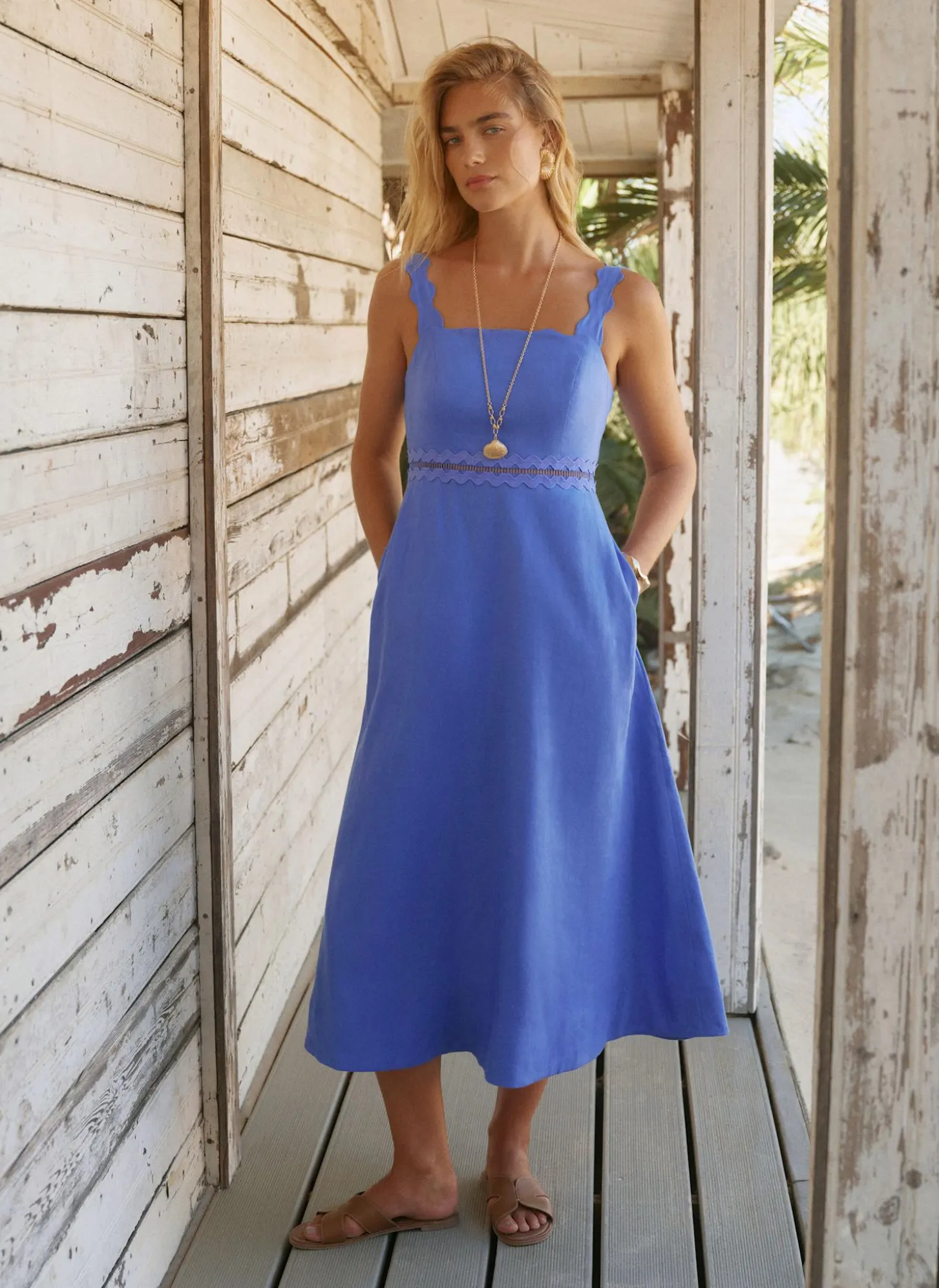 Blue Linen Scallop Trim Midi Dress
