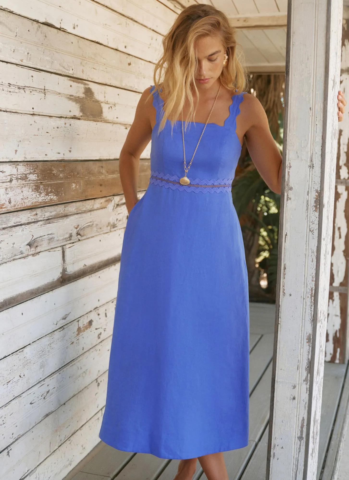 Blue Linen Scallop Trim Midi Dress