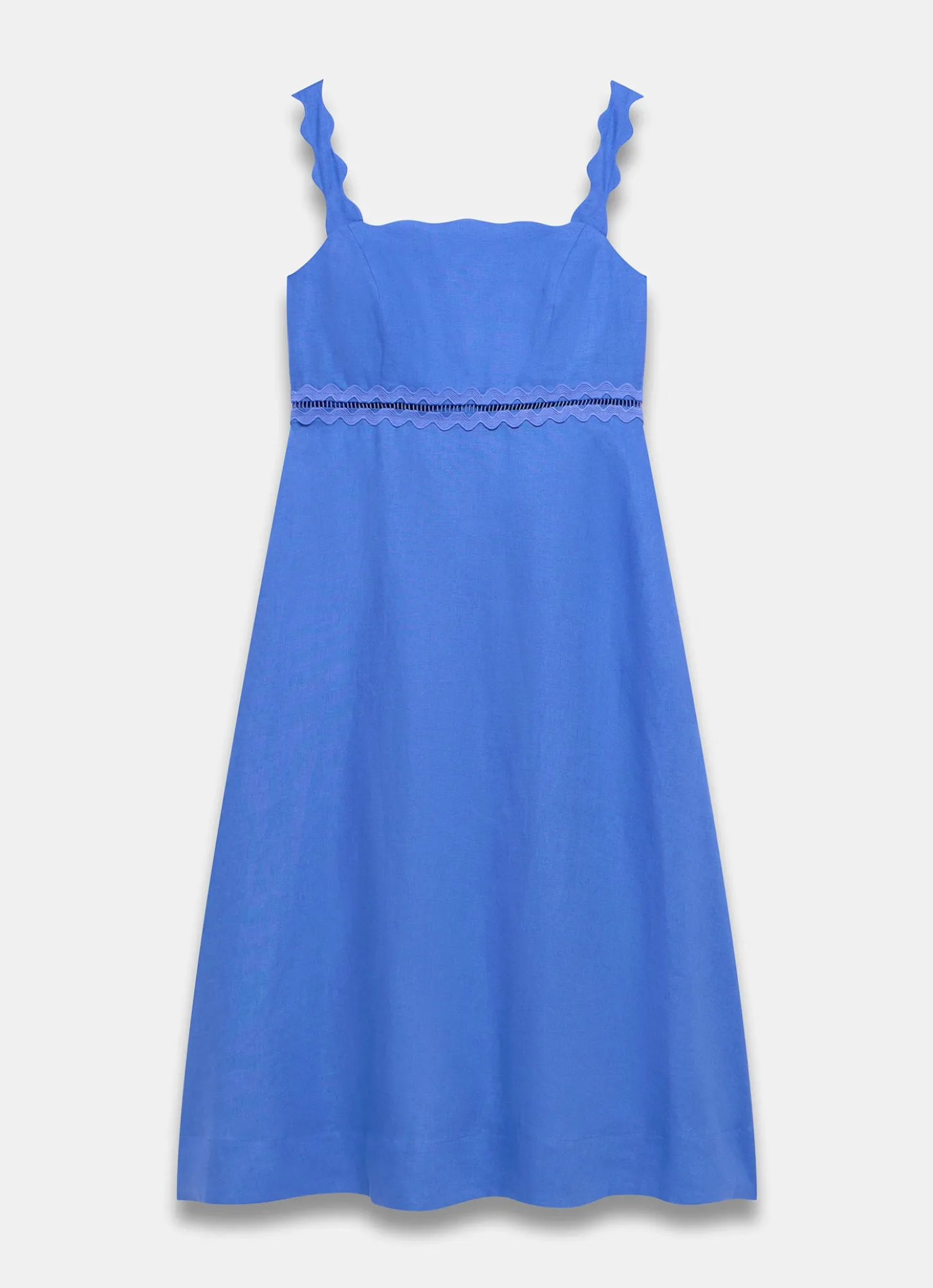 Blue Linen Scallop Trim Midi Dress