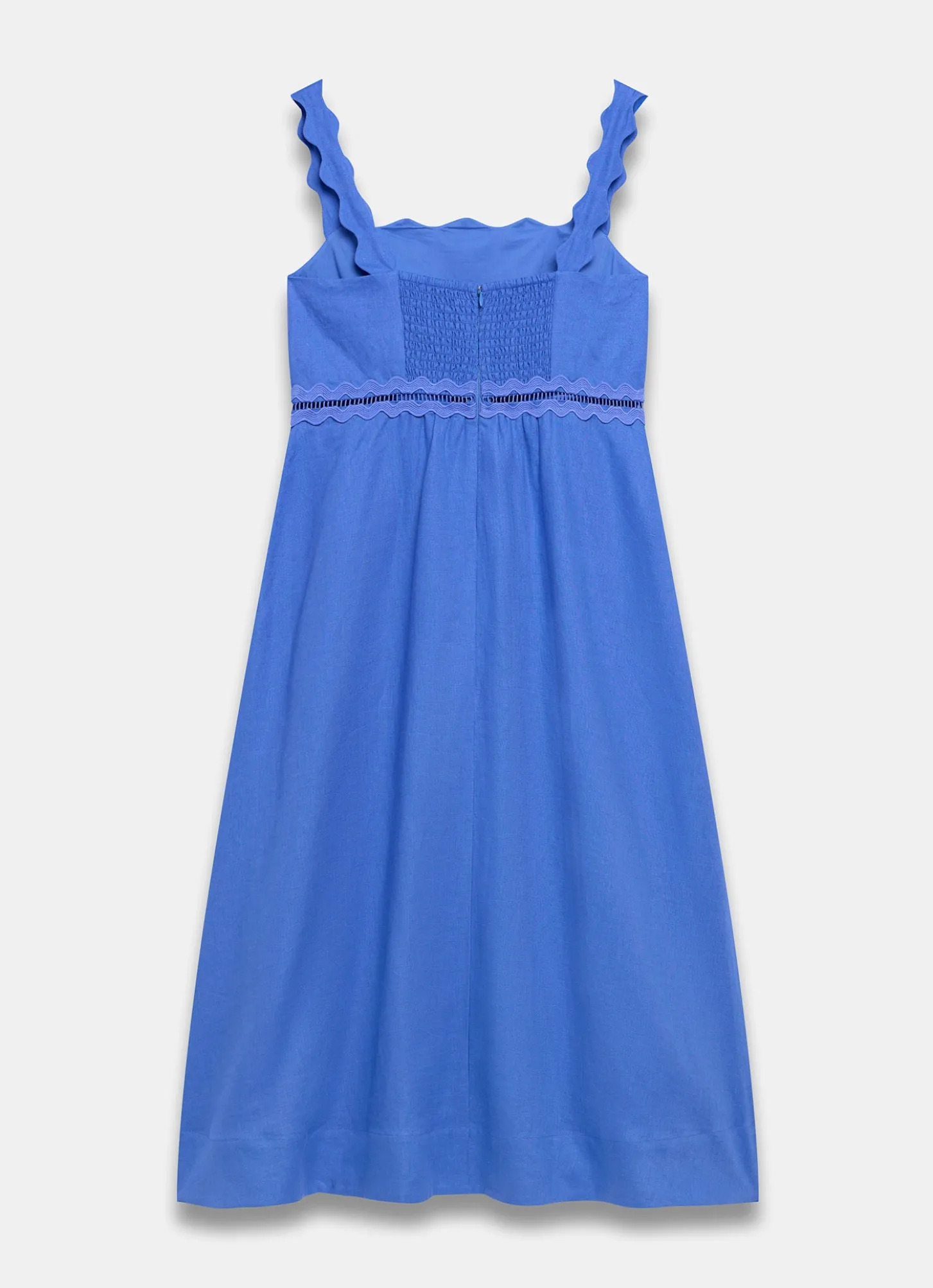 Blue Linen Scallop Trim Midi Dress