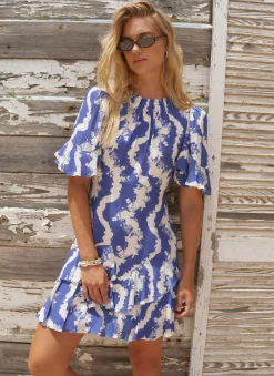 Blue Print Ruffle Mini Dress