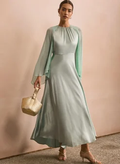 Blue Satin Cape Maxi Dress