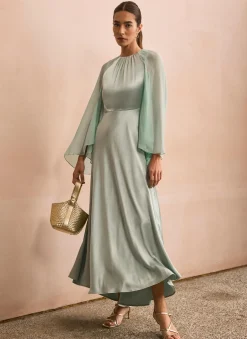 Blue Satin Cape Maxi Dress