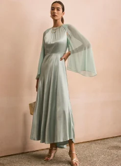 Blue Satin Cape Maxi Dress