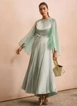 Blue Satin Cape Maxi Dress