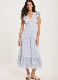Blue Striped Broderie Midi Dress