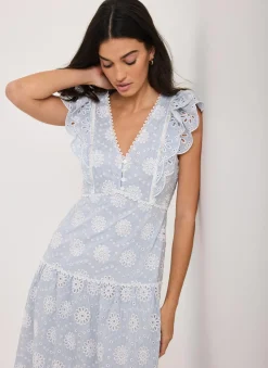 Blue Striped Broderie Midi Dress