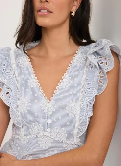 Blue Striped Broderie Midi Dress