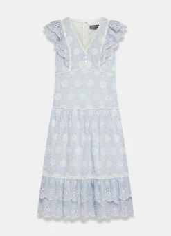 Blue Striped Broderie Midi Dress