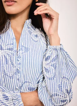 Blue Striped Embroidered Floral Blouse