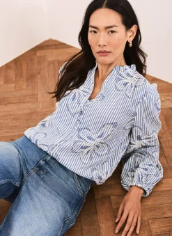 Blue Striped Embroidered Floral Blouse
