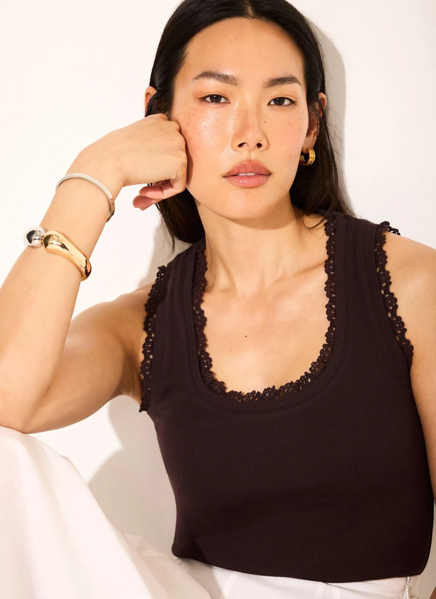 Brown Crochet Trim Vest Top