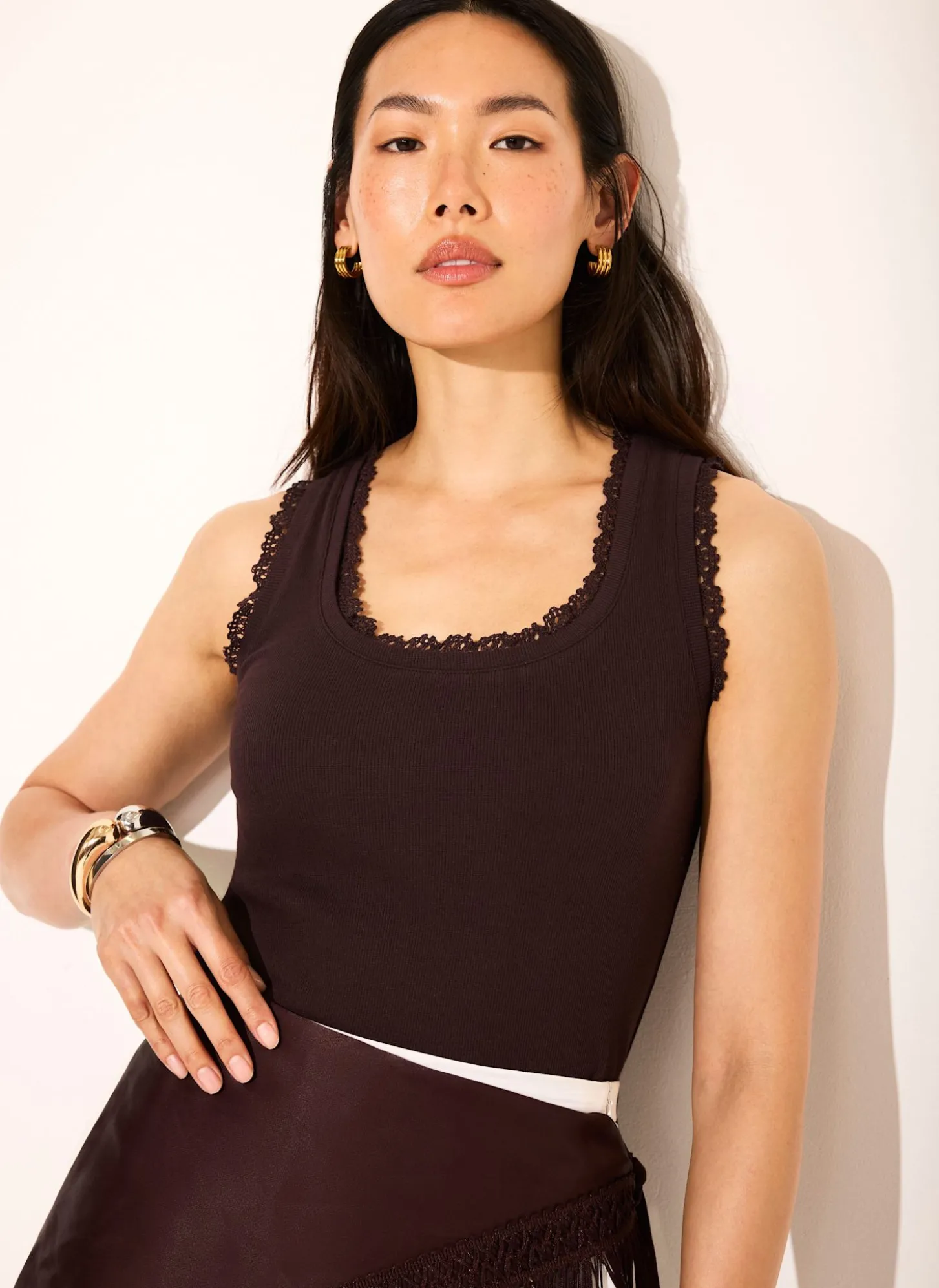 Brown Crochet Trim Vest Top