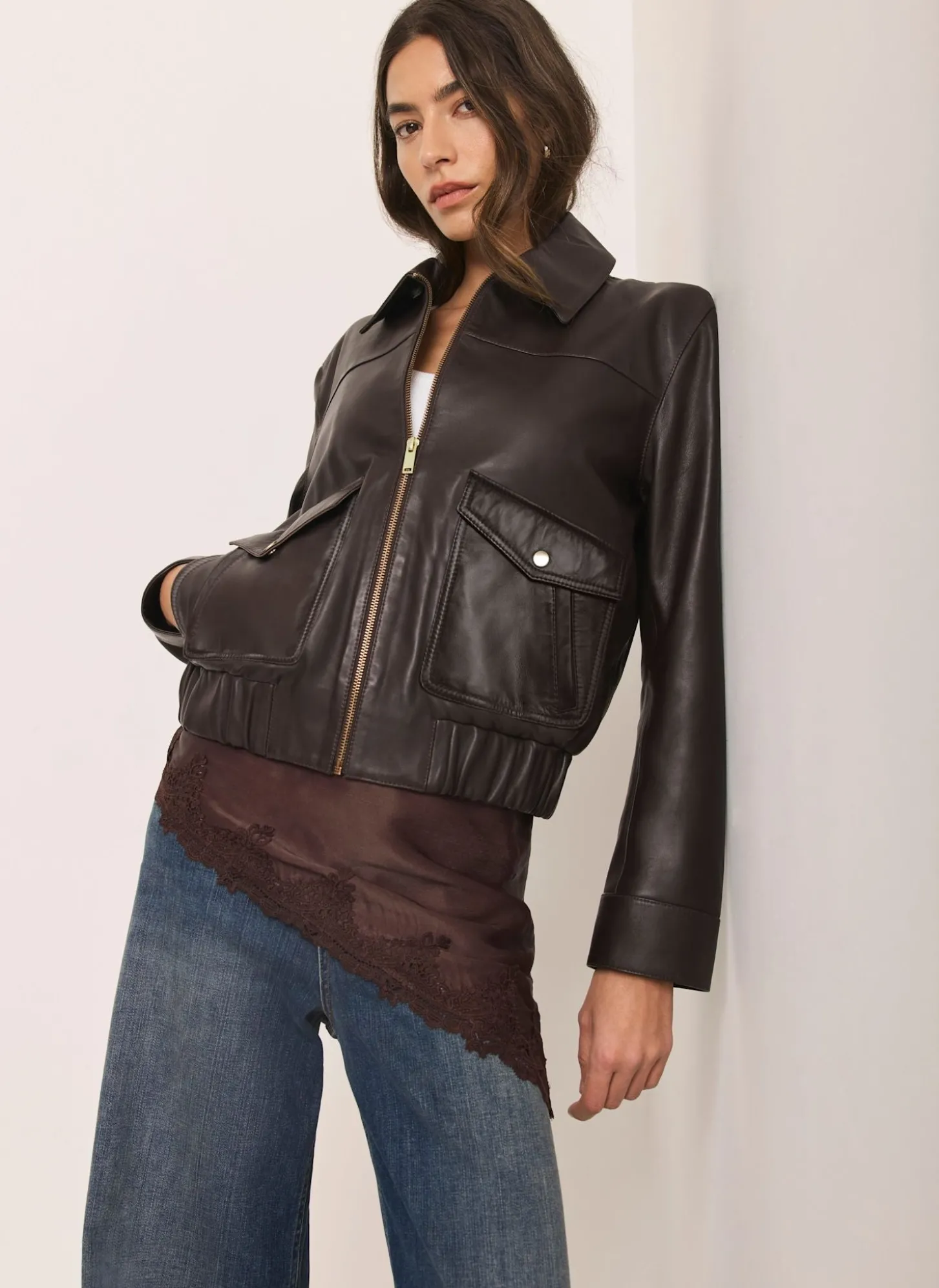 Brown Leather Collared Bomber Jacket
