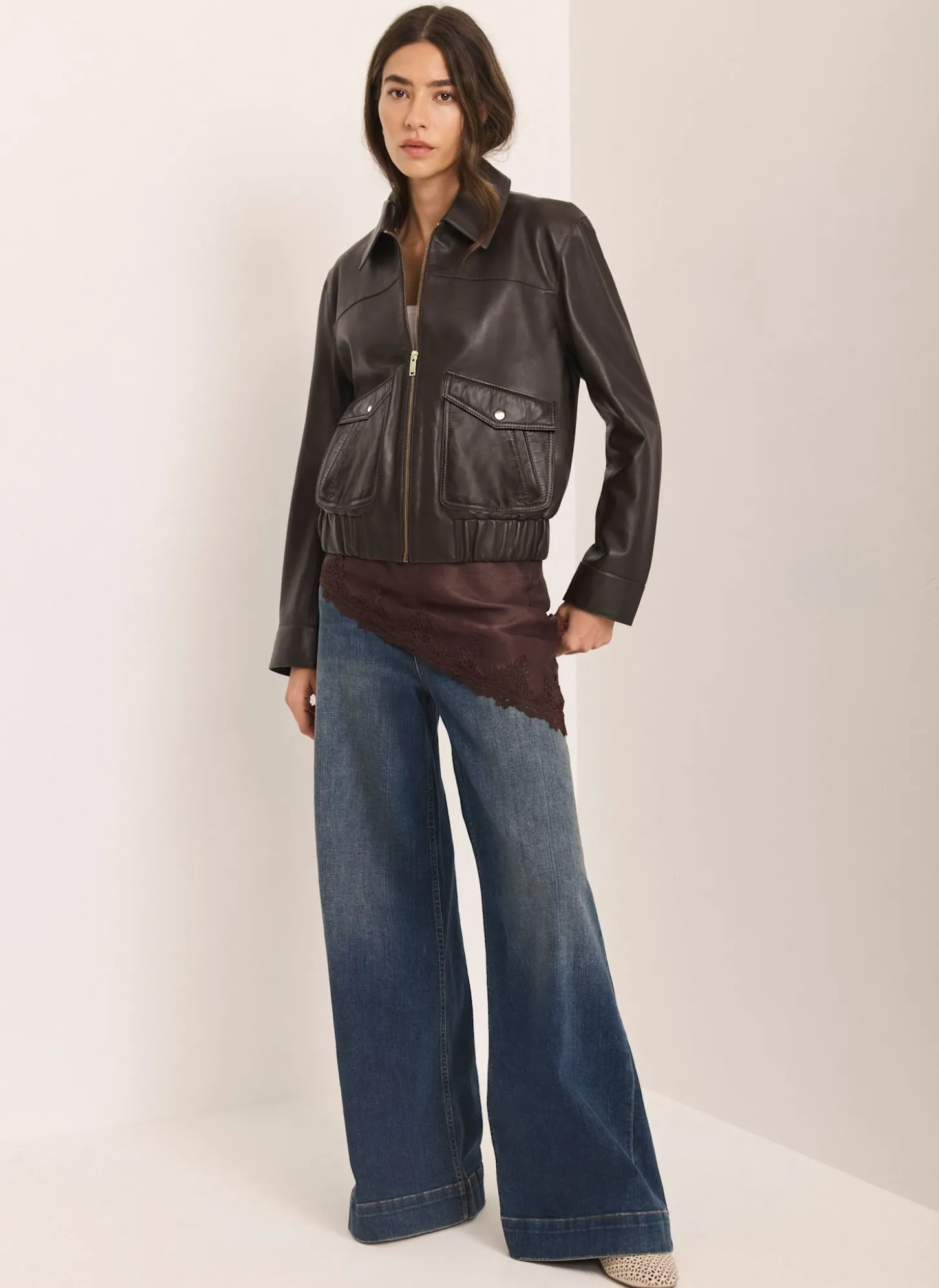 Brown Leather Collared Bomber Jacket