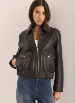 Brown Leather Collared Bomber Jacket