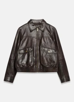 Brown Leather Collared Bomber Jacket