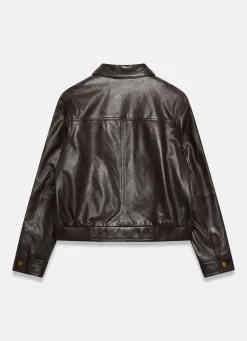 Brown Leather Collared Bomber Jacket
