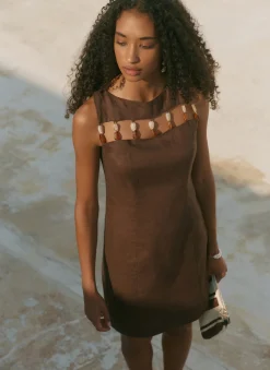 Brown Linen Beaded Mini Dress