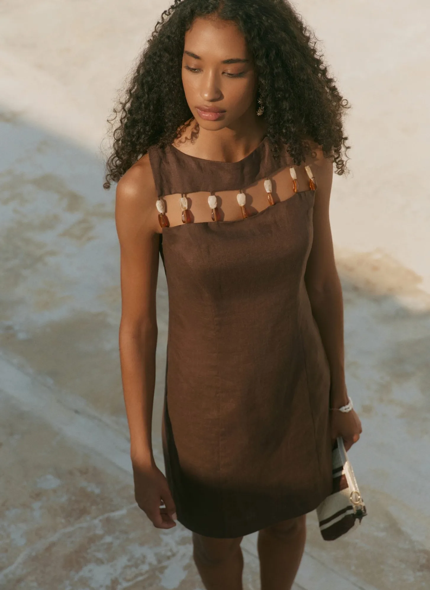 Brown Linen Beaded Mini Dress