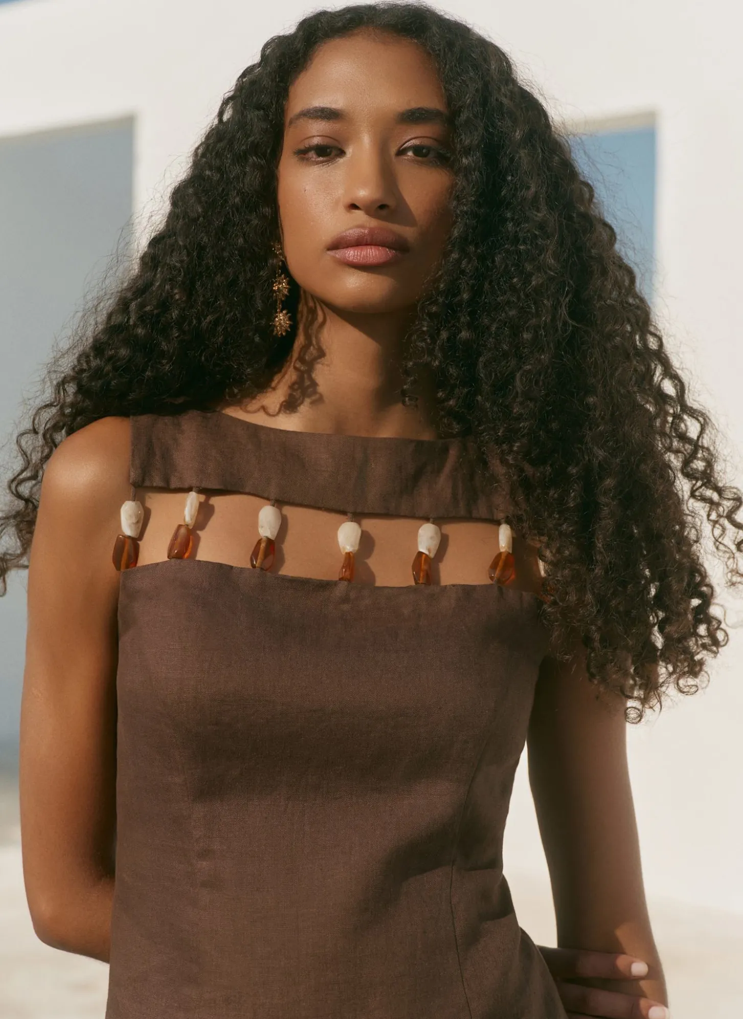 Brown Linen Beaded Mini Dress
