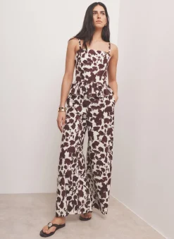 Brown Linen Blend Floral Print Wide Leg Trousers