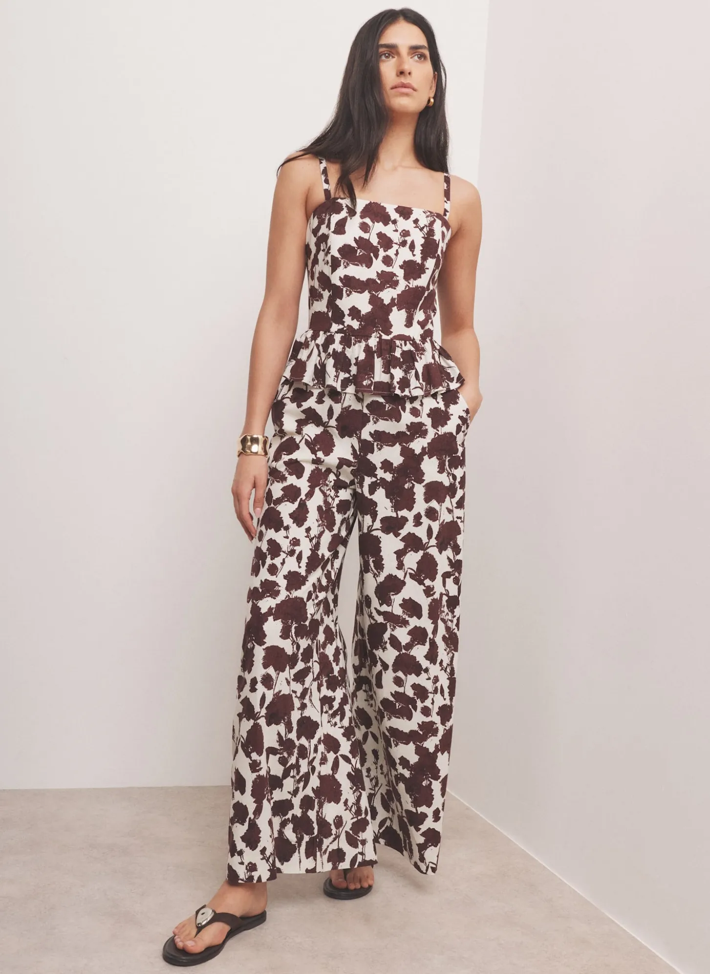 Brown Linen Blend Floral Print Wide Leg Trousers