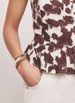 Brown Linen Blend Floral Print Top