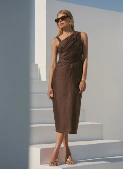 Brown Linen Blend Midi Dress