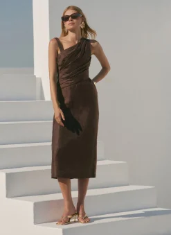 Brown Linen Blend Midi Dress