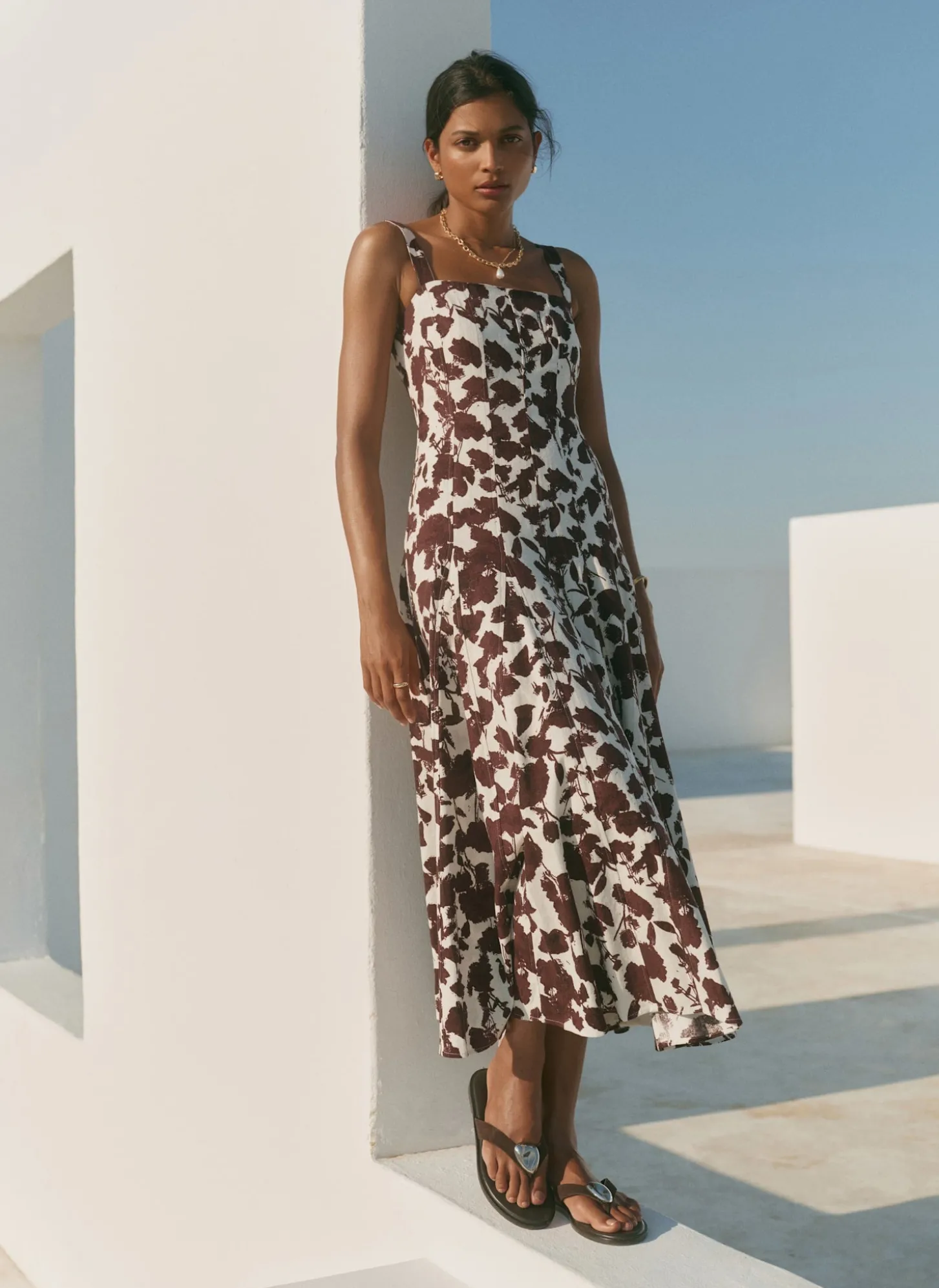 Brown Linen Blend Printed Midi Dress