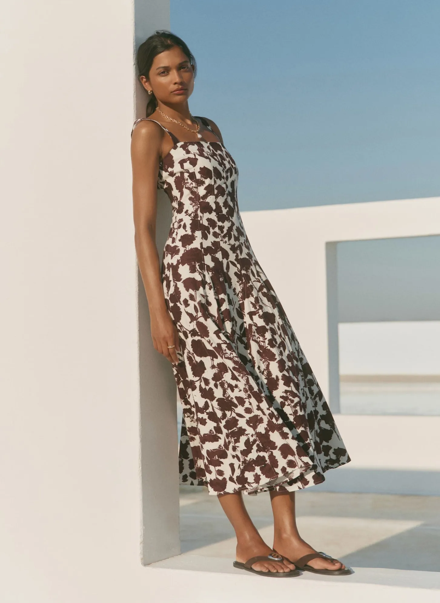Brown Linen Blend Printed Midi Dress
