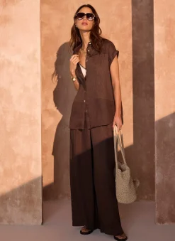 Brown Linen Blend Wide Leg Trousers