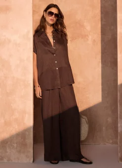 Brown Linen Blend Wide Leg Trousers