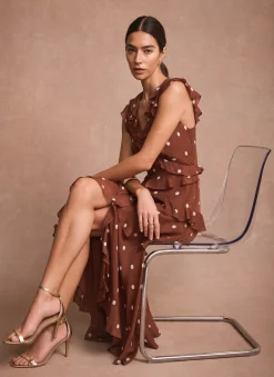 Brown Polka Dot Print Ruffle Midi Dress