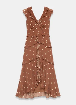 Brown Polka Dot Print Ruffle Midi Dress