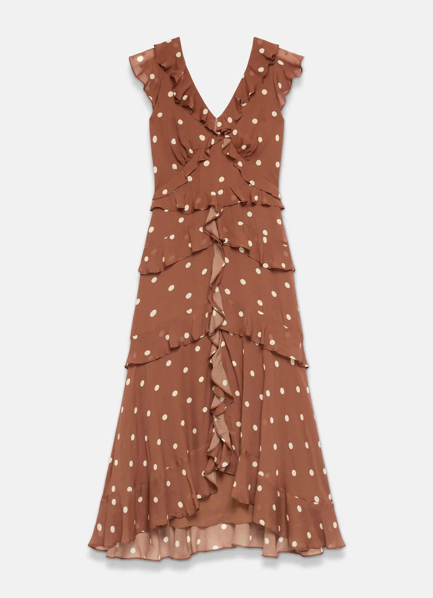 Brown Polka Dot Print Ruffle Midi Dress