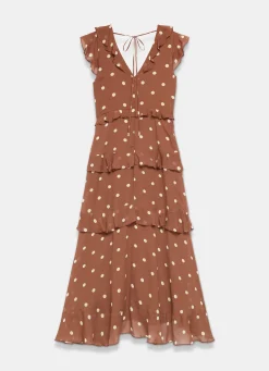 Brown Polka Dot Print Ruffle Midi Dress