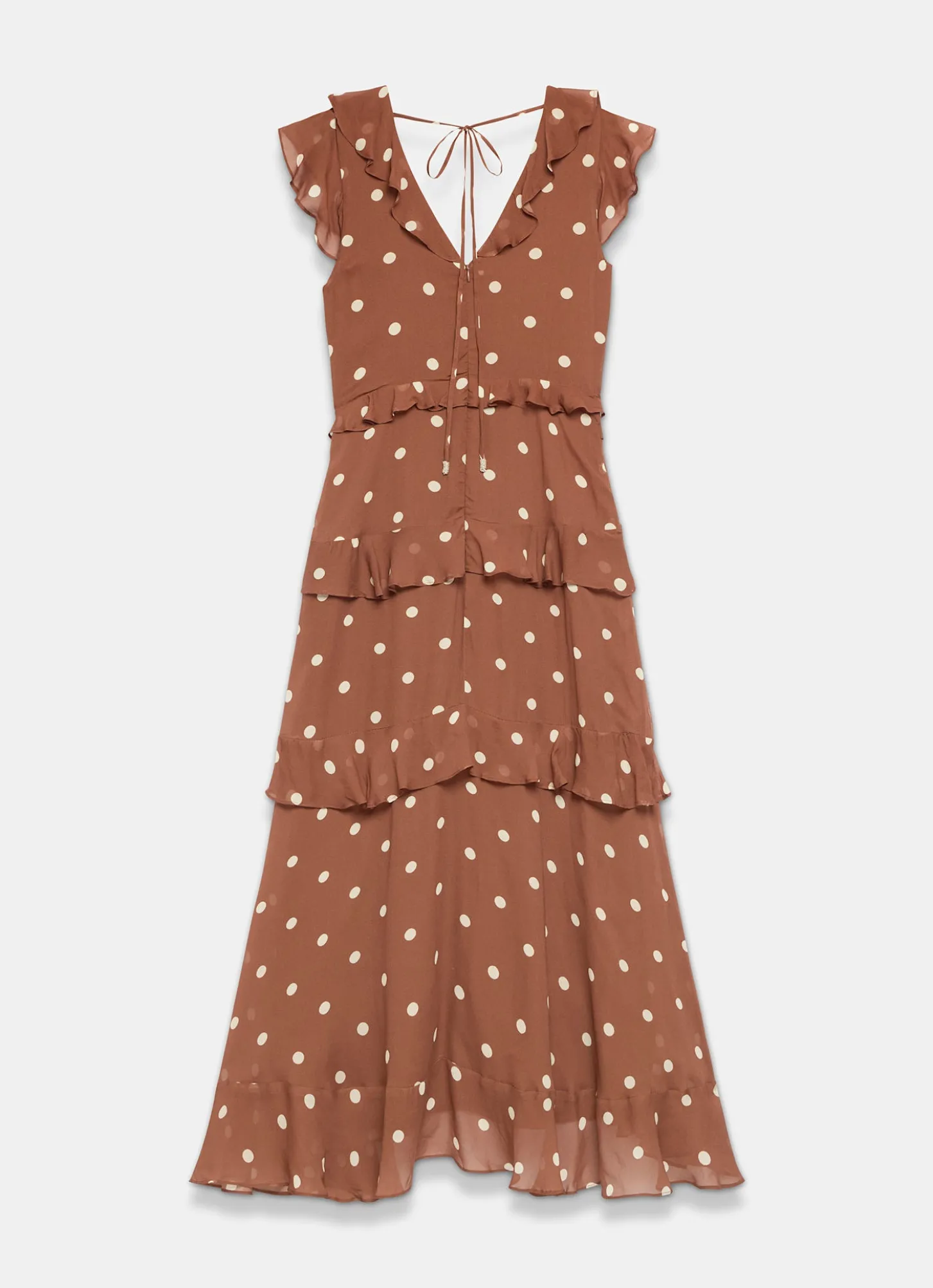 Brown Polka Dot Print Ruffle Midi Dress