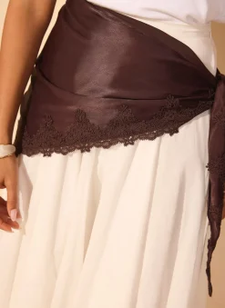 Brown Satin Lace Trim Scarf