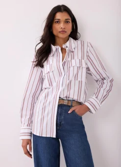 Brown Striped Cotton Scallop Detail Shirt